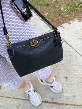 Coach Black Pebbled Leather Turnlock Crossbody Wristlet with Gold-Tone Hardware